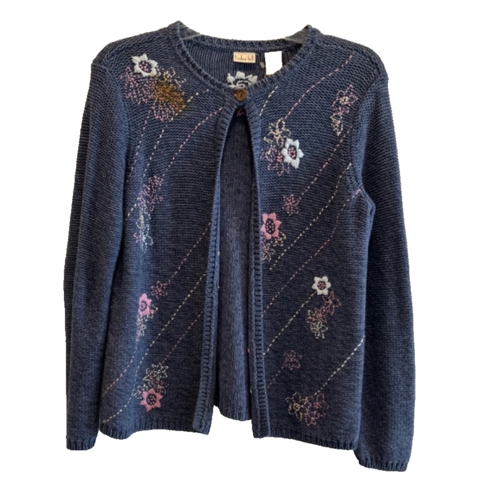 Women's Linden Hill's 90's Vintage Blue Cardigan Embroidered Floral One Button